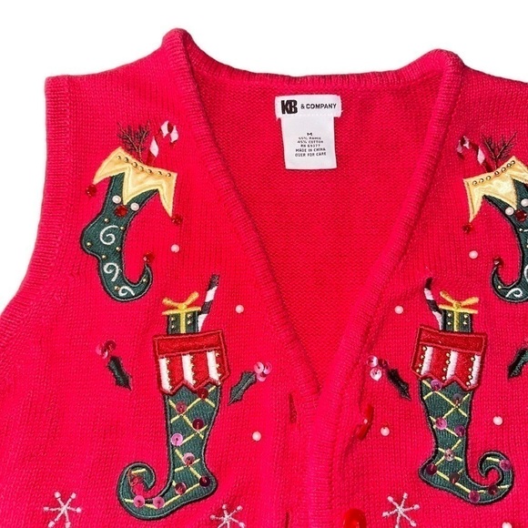 VINTAGE Ugly Christmas Sweater Vest Stockings Sequins Embroidered Beaded - Picture 2 of 8